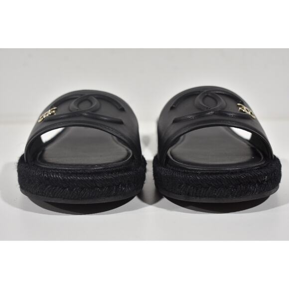 Chanel 23C Black Lambskin Leather CC Logo Slide Sandal Slip Espadrille Flat 40 - Picture 6 of 12